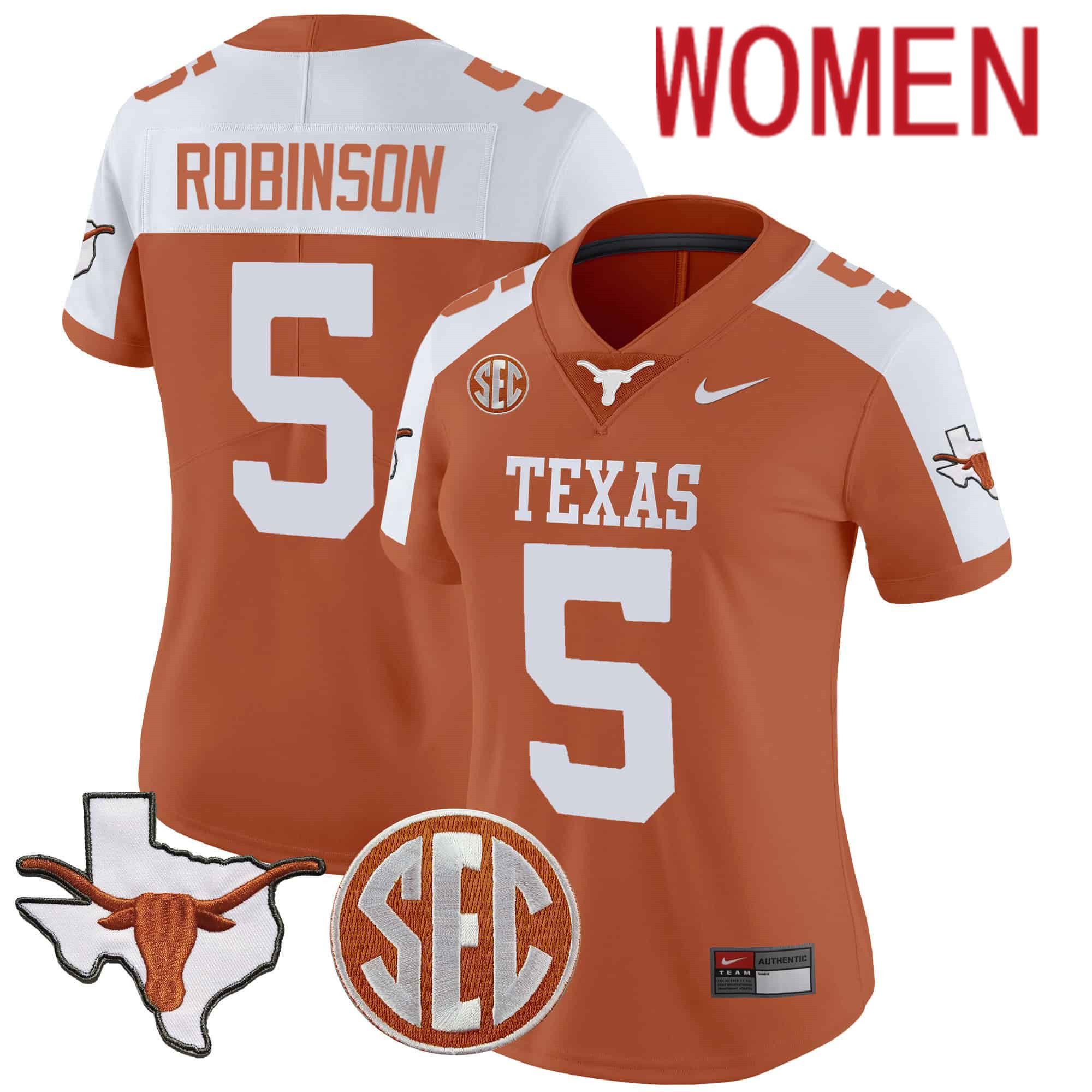 Women Texas Longhorns #5 Robinson Orange 2024 Nike State Map & SEC Patch Vapor NCAA Jersey